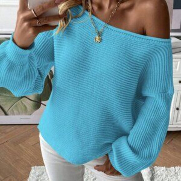Blue Casual Women's Solid Drop Shoulder Asymmetrical Neck Sweater - Picture 3 of 6